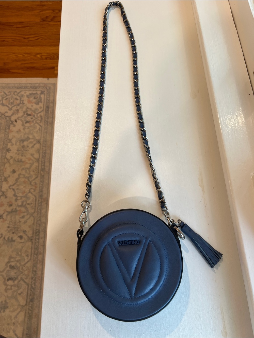 Valentino Navy Round Leather Crossbody with Tassel